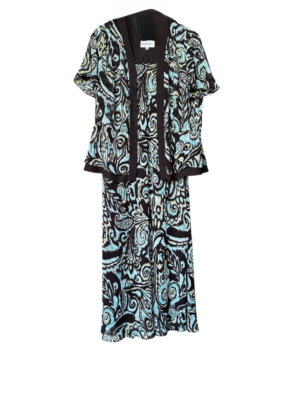 Studio 1 Two-Pc Dress Set Blue Black Paisley Maxi Midi Mock Jacket Career